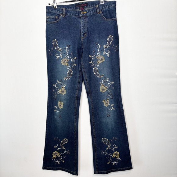 Willi Smith Denim - Willi‎ Smith Floral Embroidered Beaded Flare Jeans Size 12 Mid Rise Y2K Boho